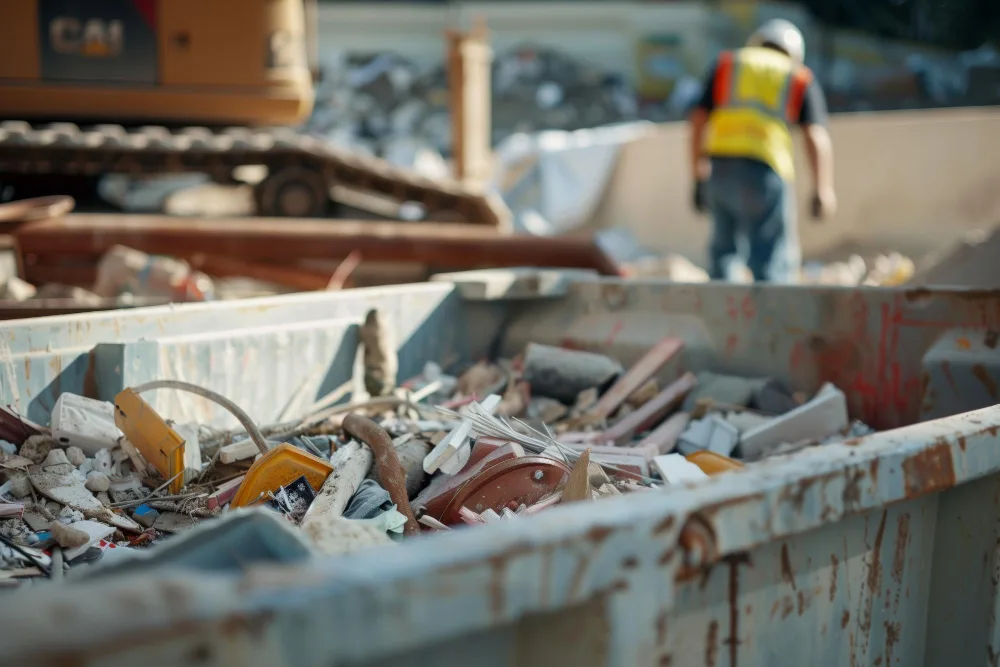 container med byggeaffald efter nedrivning